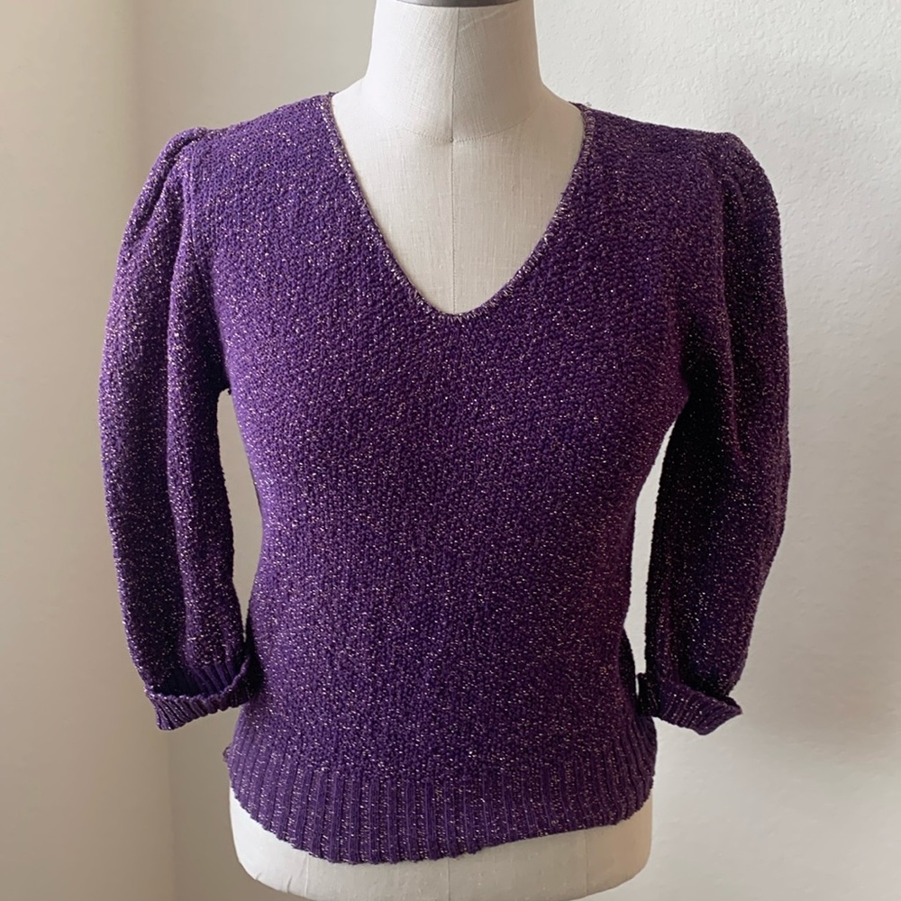Vintage 80s sz S purple sweater gold flecks Disco Retro lightweight sparkle